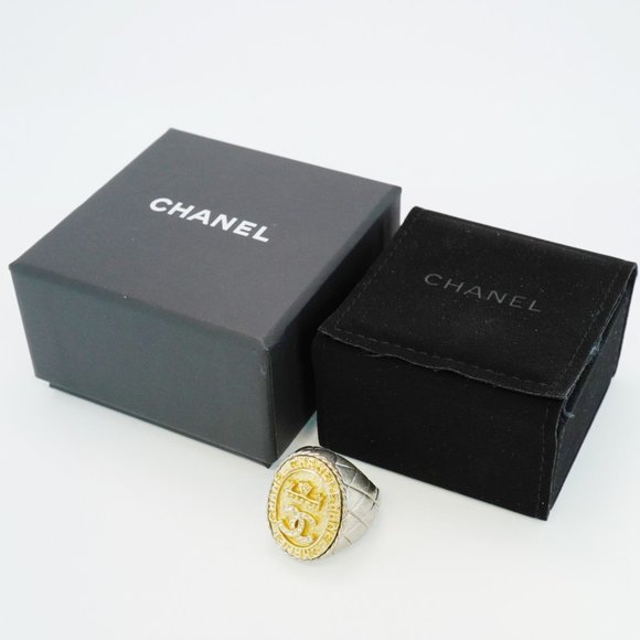 CHANEL Band Ring Coco Mark Oval GP Plated Metal Rhinestone Gold Silver Size 6 - Picture 7 of 10